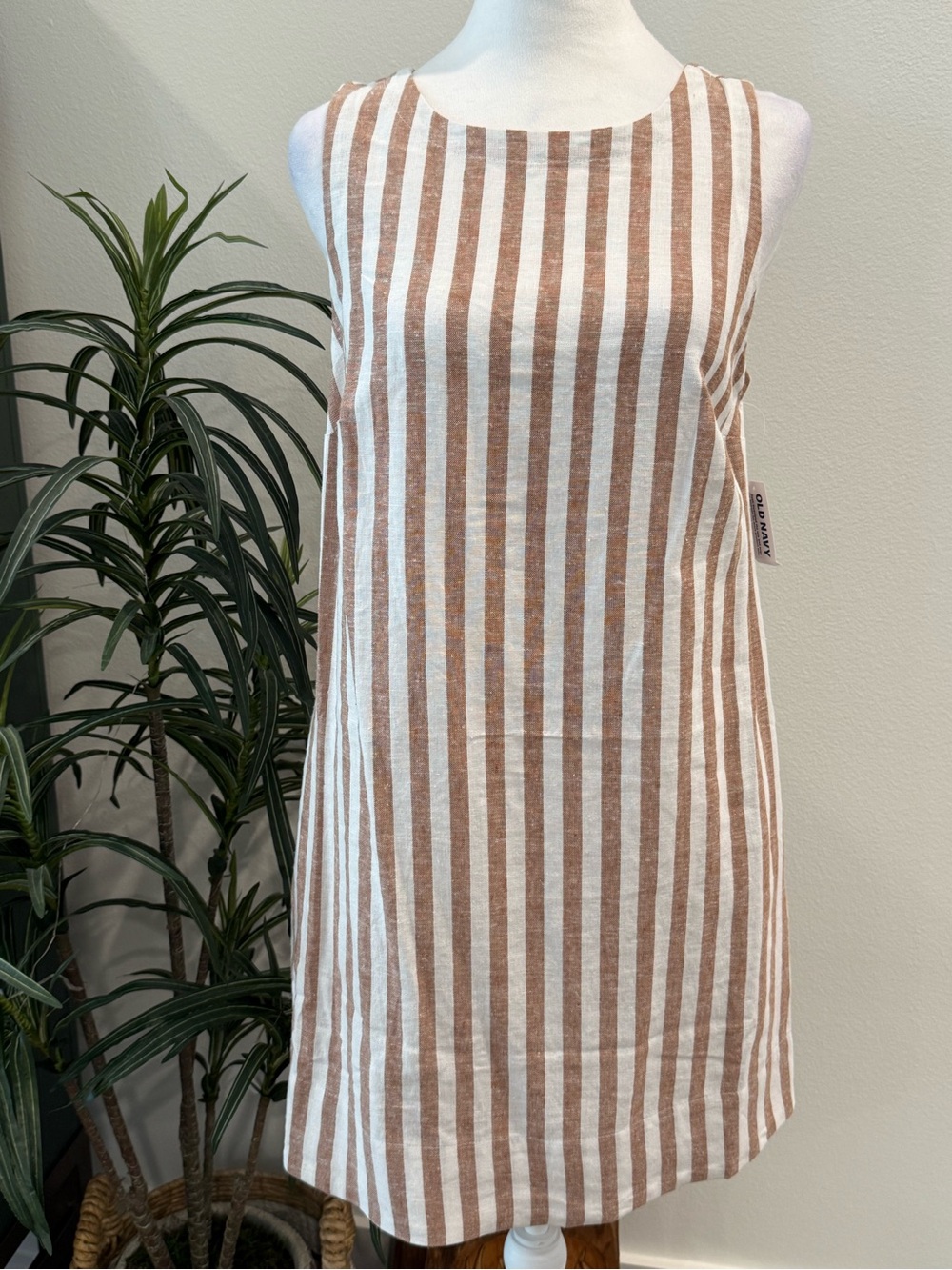 Old Navy Printed Linen-Blend Mini Shift Dress Stripe Print Crew Neck Loose Fit